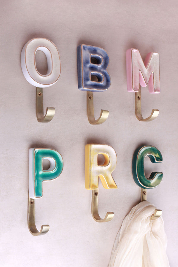 Ceramic Letter Wall Hooks, Mix and Match Initials A to Z in Blue, Yellow, Green or Pink