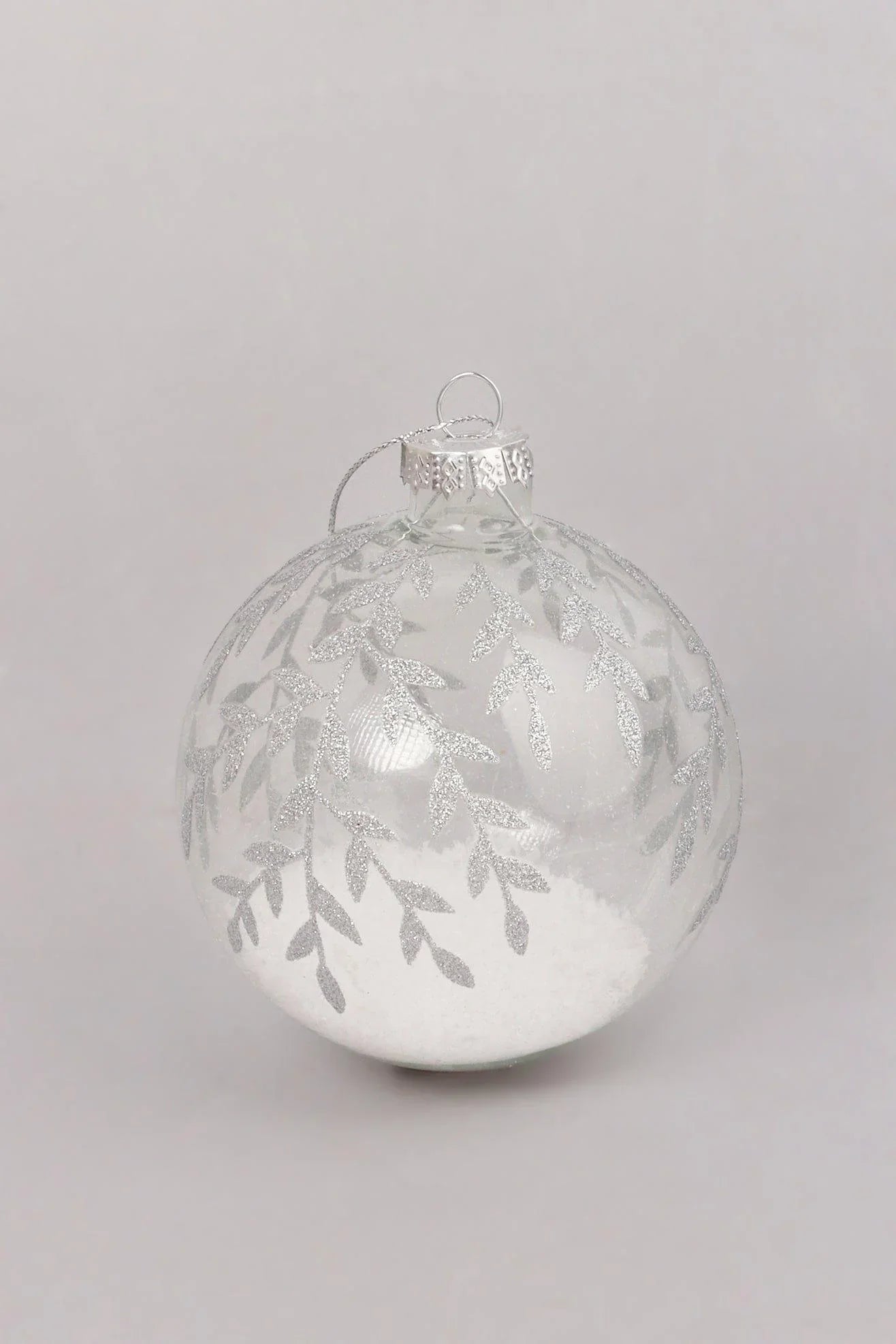 Clear Frosted Leaf Hand-Finished Glass Christmas Baubles — close-up view, G Decor