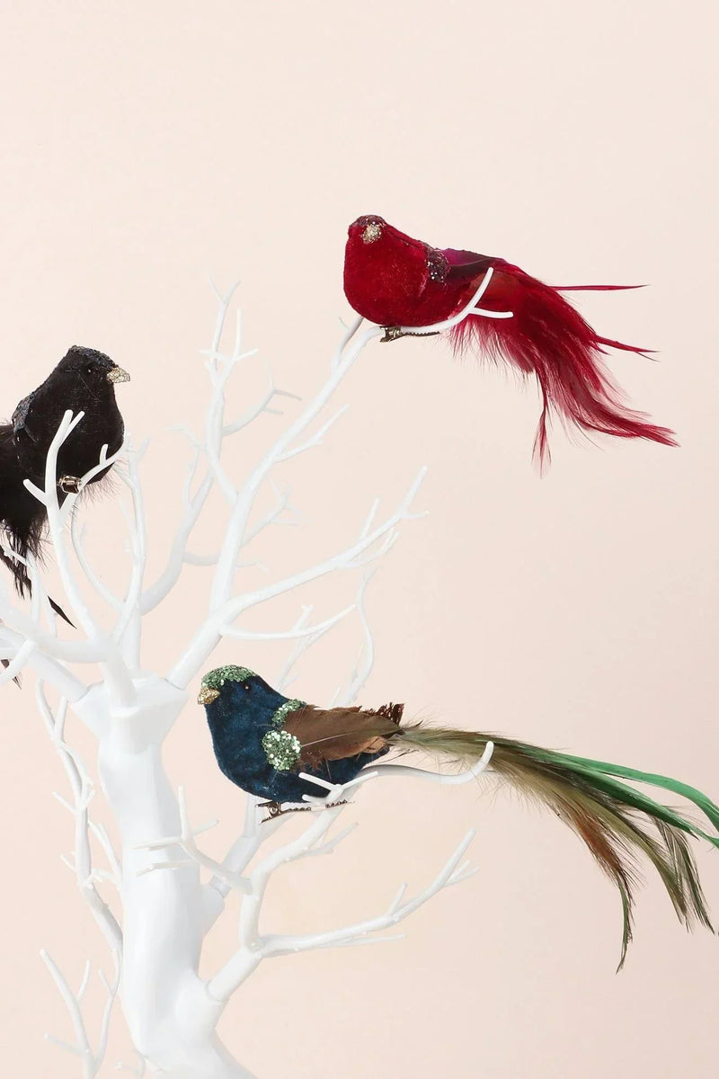 Handmade Velvet Feather Clip-On Christmas Birds in Black Red or Teal