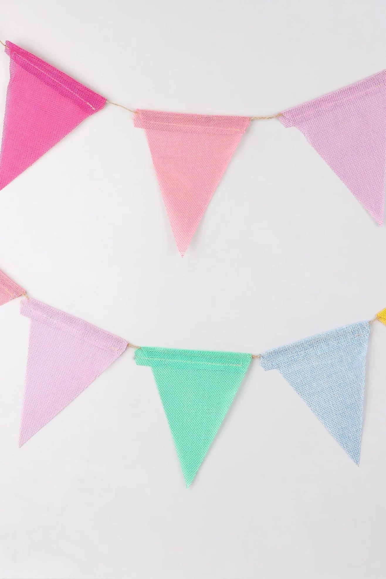 Colourful Rustic Hessian Bunting — close-up view, G Decor