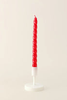 Coraline Rouvière Crimson Red Twisted Taper Candles — close-up view, G Decor