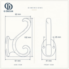 Size drawing of the curl tip hook: 102 mm (4.02 in) tall, sticks out 62 mm (2.44 in), back plate 41 mm (1.61 in) wide, screw holes 25 mm (0.98 in) apart