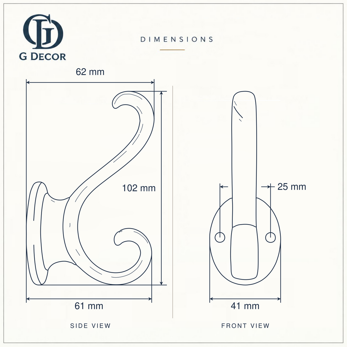 Size drawing of the curl tip hook: 102 mm (4.02 in) tall, sticks out 62 mm (2.44 in), back plate 41 mm (1.61 in) wide, screw holes 25 mm (0.98 in) apart