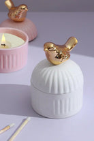 Cute Bird Soy Wax Scented Candle in Ceramic Jewellery Pot — close-up view, G Decor
