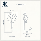 Size drawing of the ceramic daisy wall hook: 147 mm (5.79 in) tall, flower 73 mm (2.87 in) across, sticks out 58 mm (2.28 in) from the wall