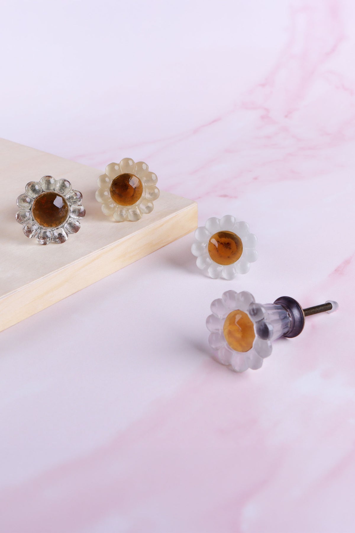 Daisy glass cabinet knobs with amber centres