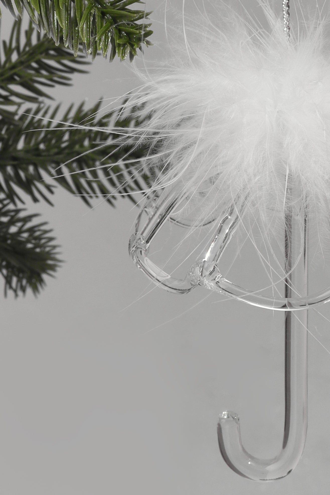 G Decor Christmas Decorations White Delicate Glass Umbrella with White Feather Christmas Tree Decoration