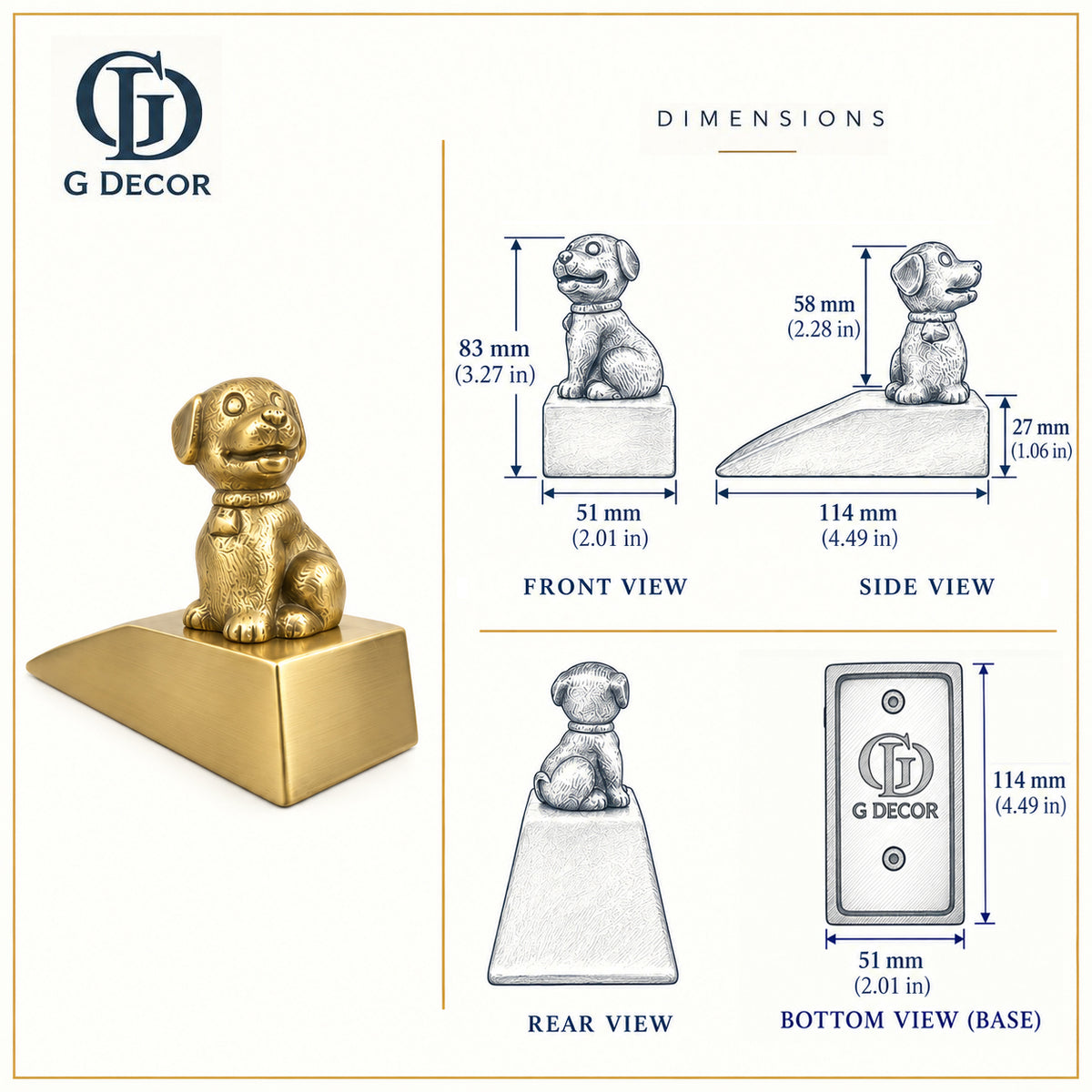 Size drawing of the dog door stopper: 83 mm high, 114 mm long, 51 mm wide
