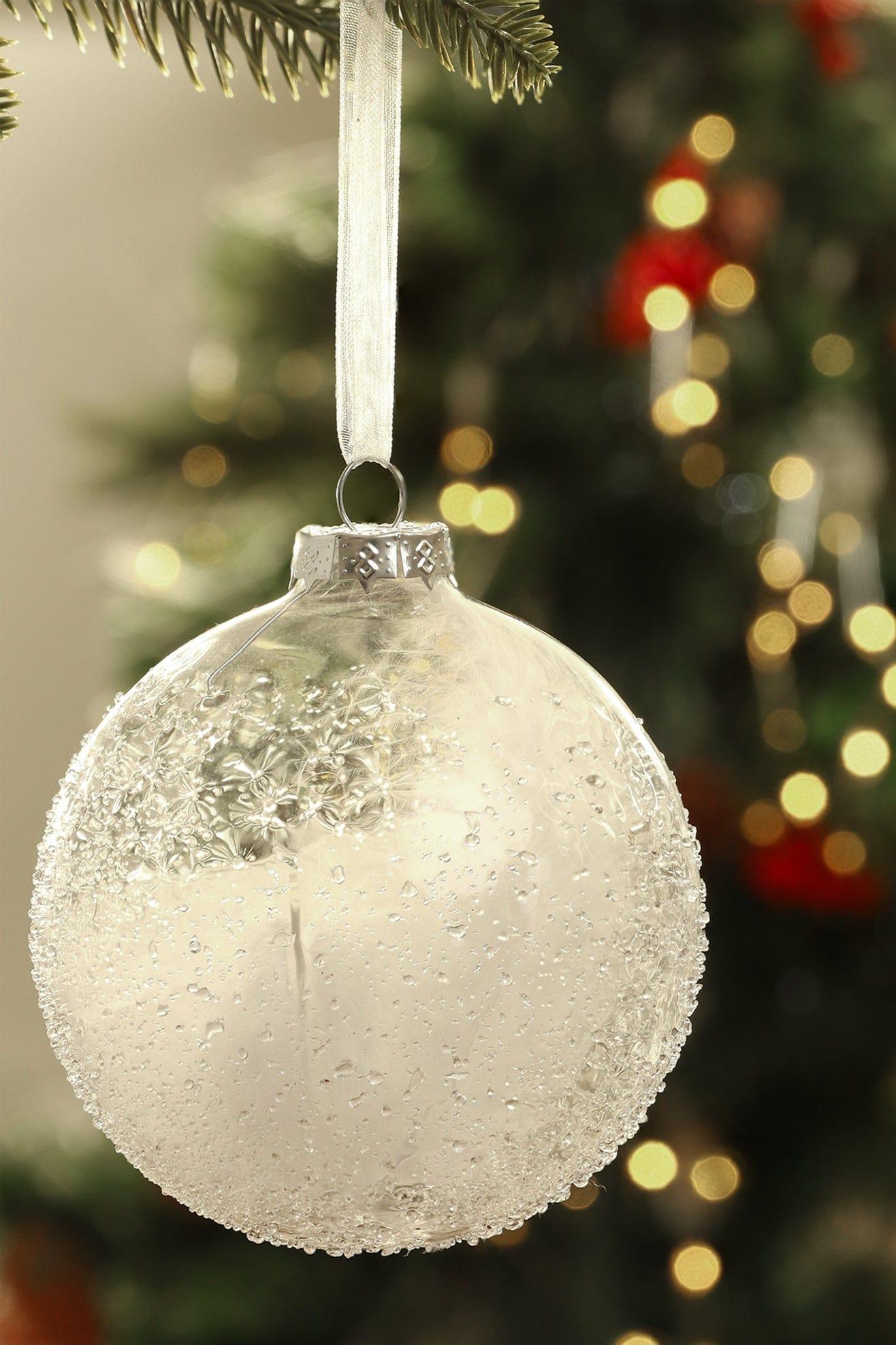 G Decor Christmas Decorations White Elegant Large Glass Decoration with White Feathers