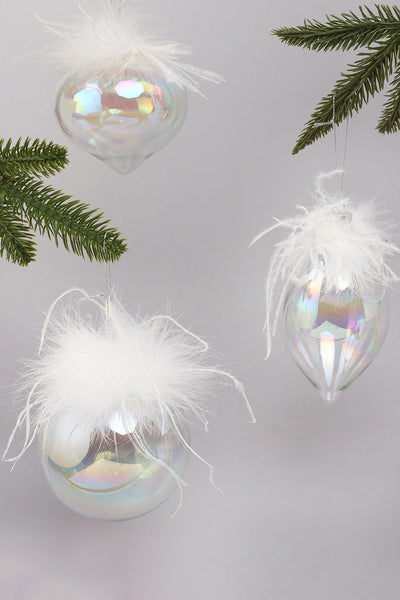G Decor Christmas Decorations White / Set of 3 Elegant Pearlescent Glass Christmas Tree Decorations with White Feathers