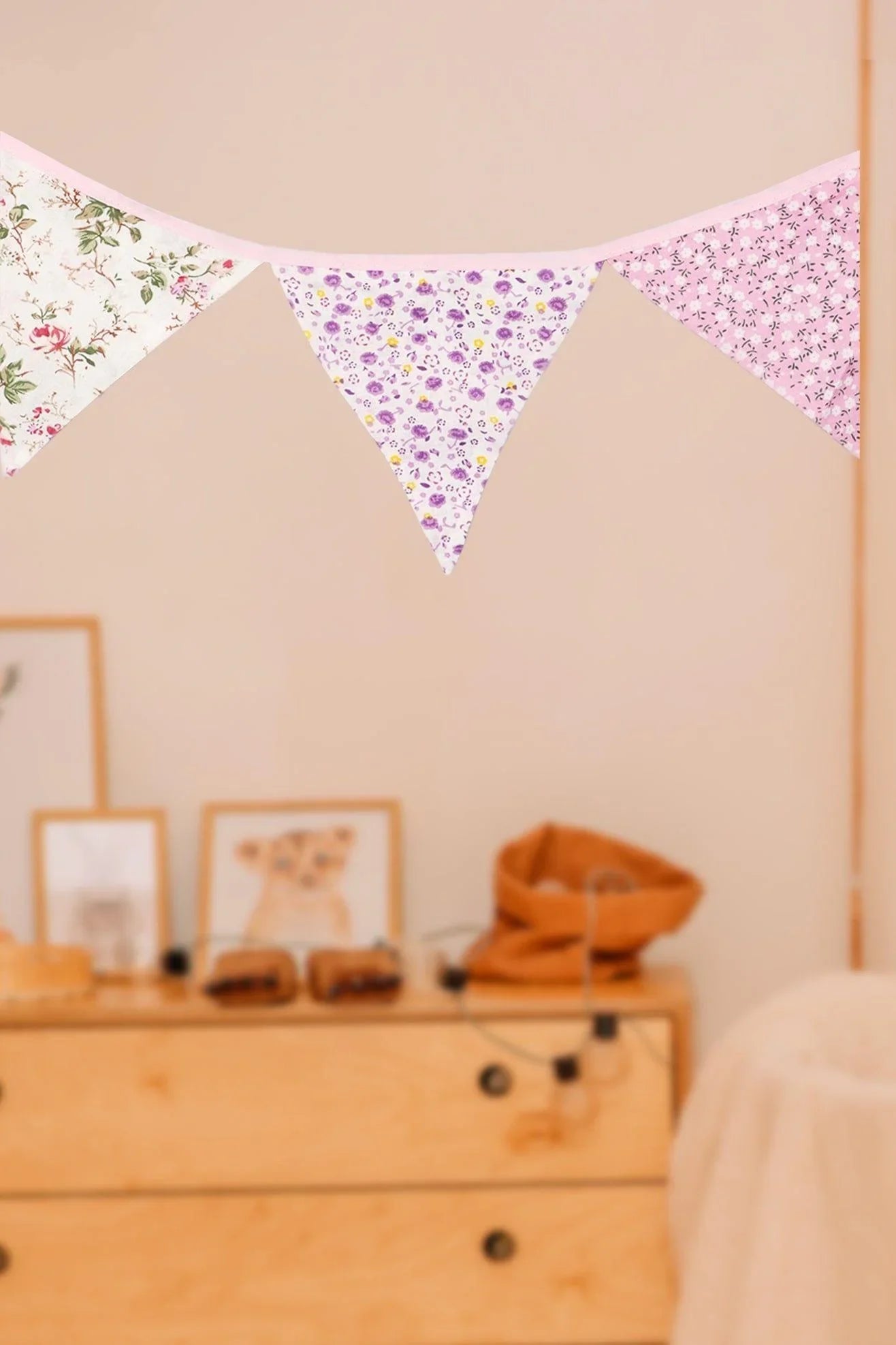 Pink and White Floral Cloth Bunting — close-up view, G Decor
