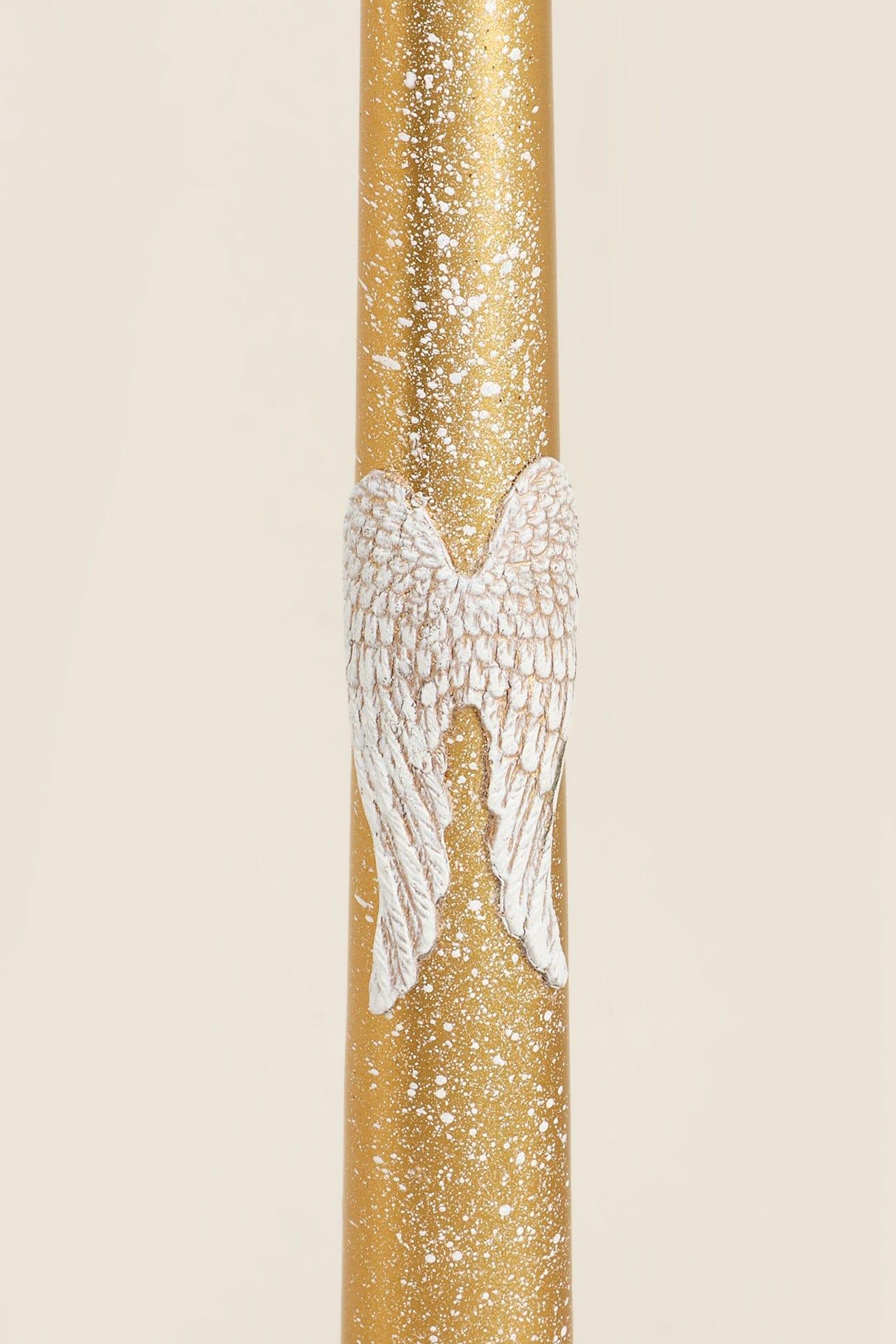 Featheré Wings Set of 2 Hand-Finished Gold Wax Dinner &amp; Taper Candles with Sculpted Angel Wing Detail - G Decor