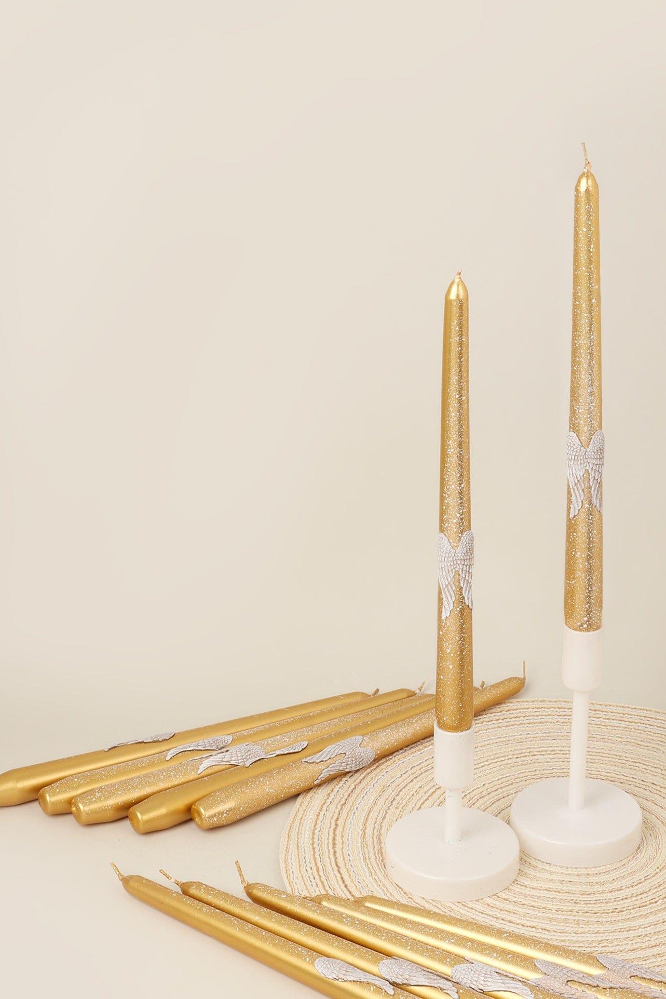 Featheré Wings Set of 2 Hand-Finished Gold Wax Dinner &amp; Taper Candles with Sculpted Angel Wing Detail - G Decor