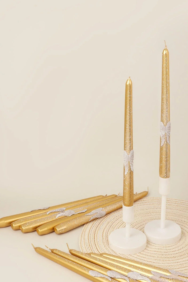 Featheré Wings Pair of Gold Wax Taper Candles with Angel Wing Detail