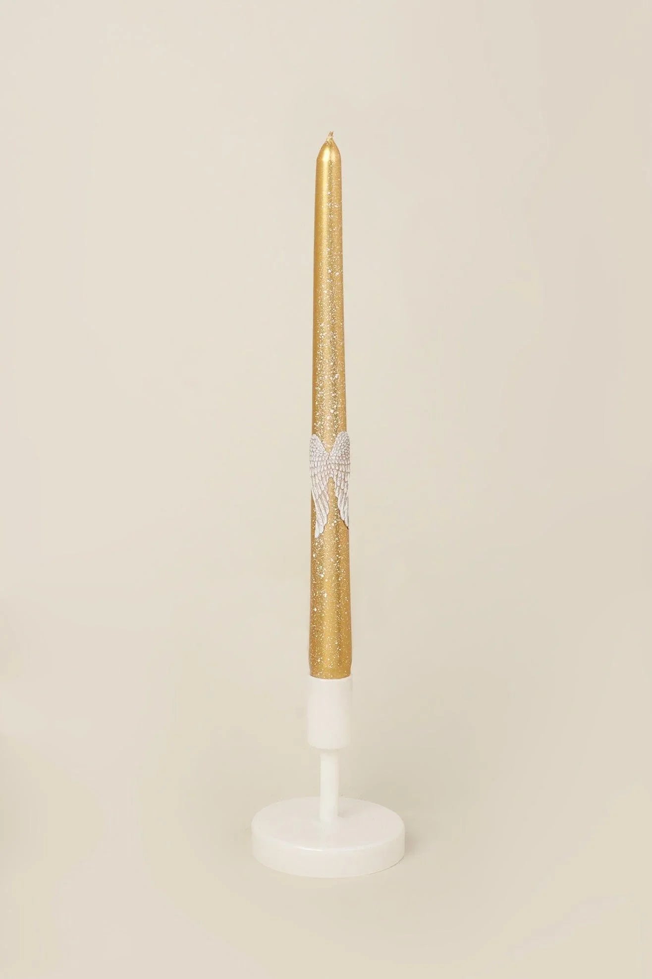 Featheré Wings Pair of Gold Wax Taper Candles with Angel Wing Detail — close-up view, G Decor