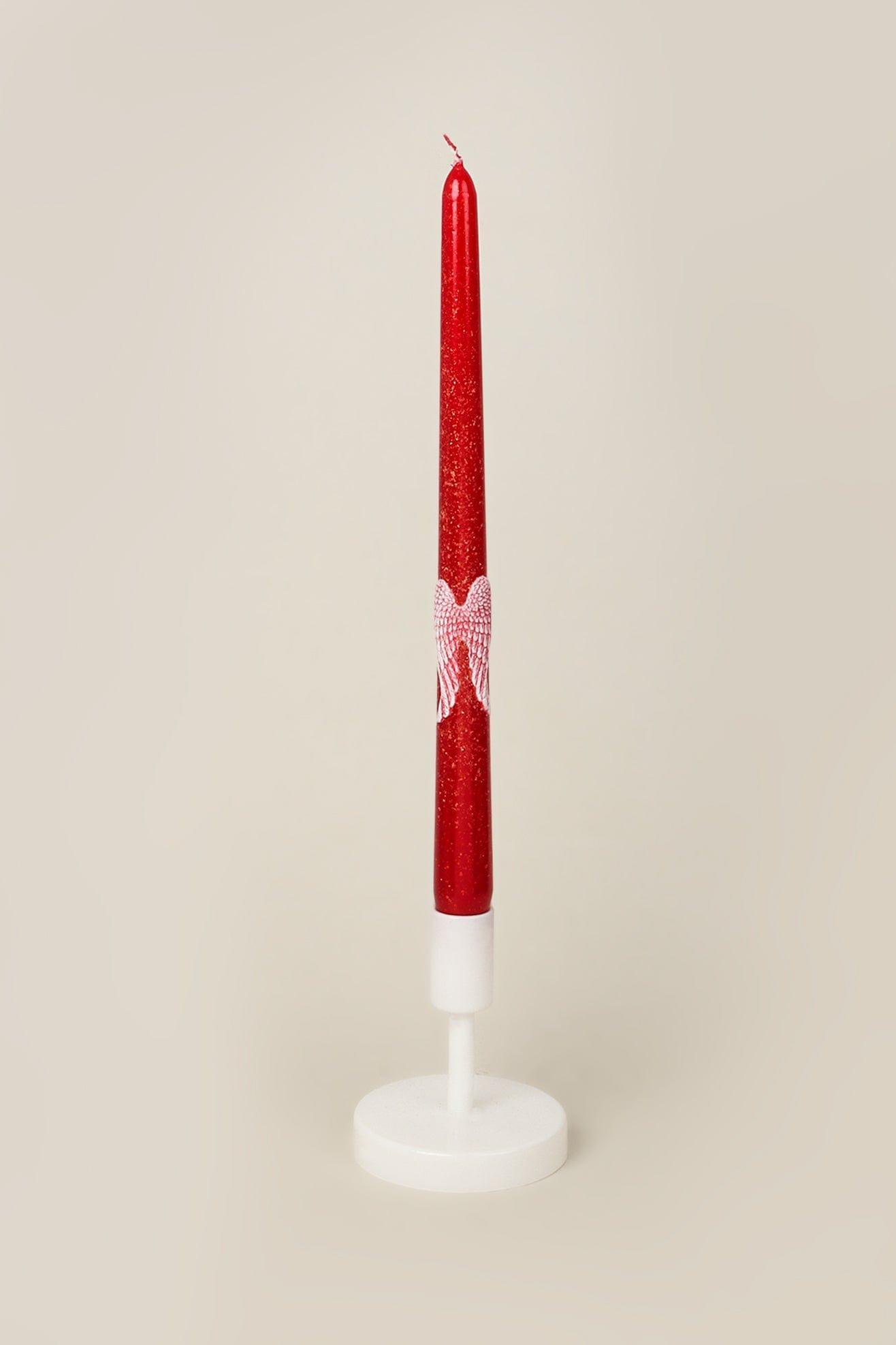 Featheré Wings Set of 2 Hand-Finished Red Wax Dinner &amp; Taper Candles with Sculpted Angel Wing Detail - G Decor