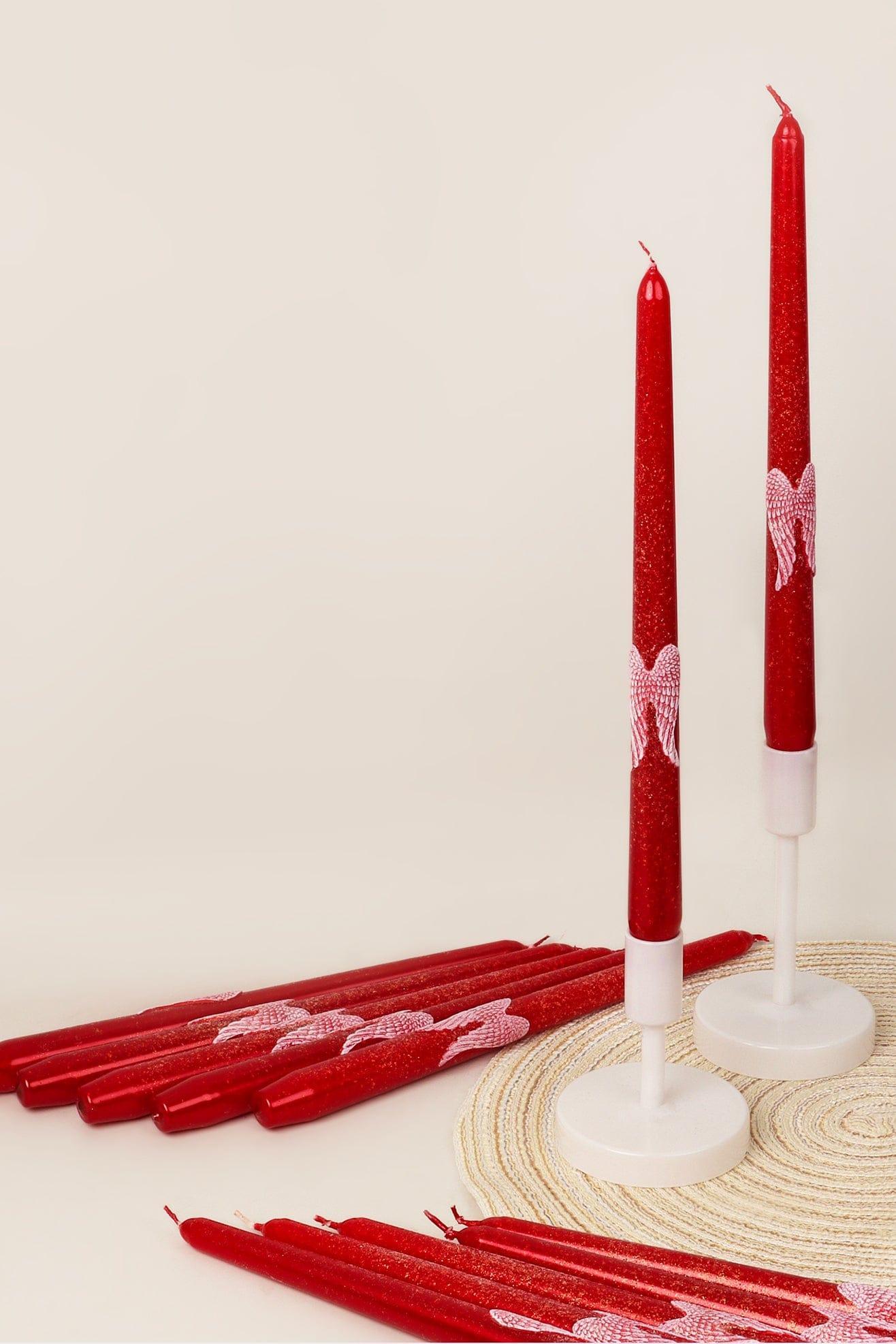 Featheré Wings Set of 2 Hand-Finished Red Wax Dinner &amp; Taper Candles with Sculpted Angel Wing Detail - G Decor