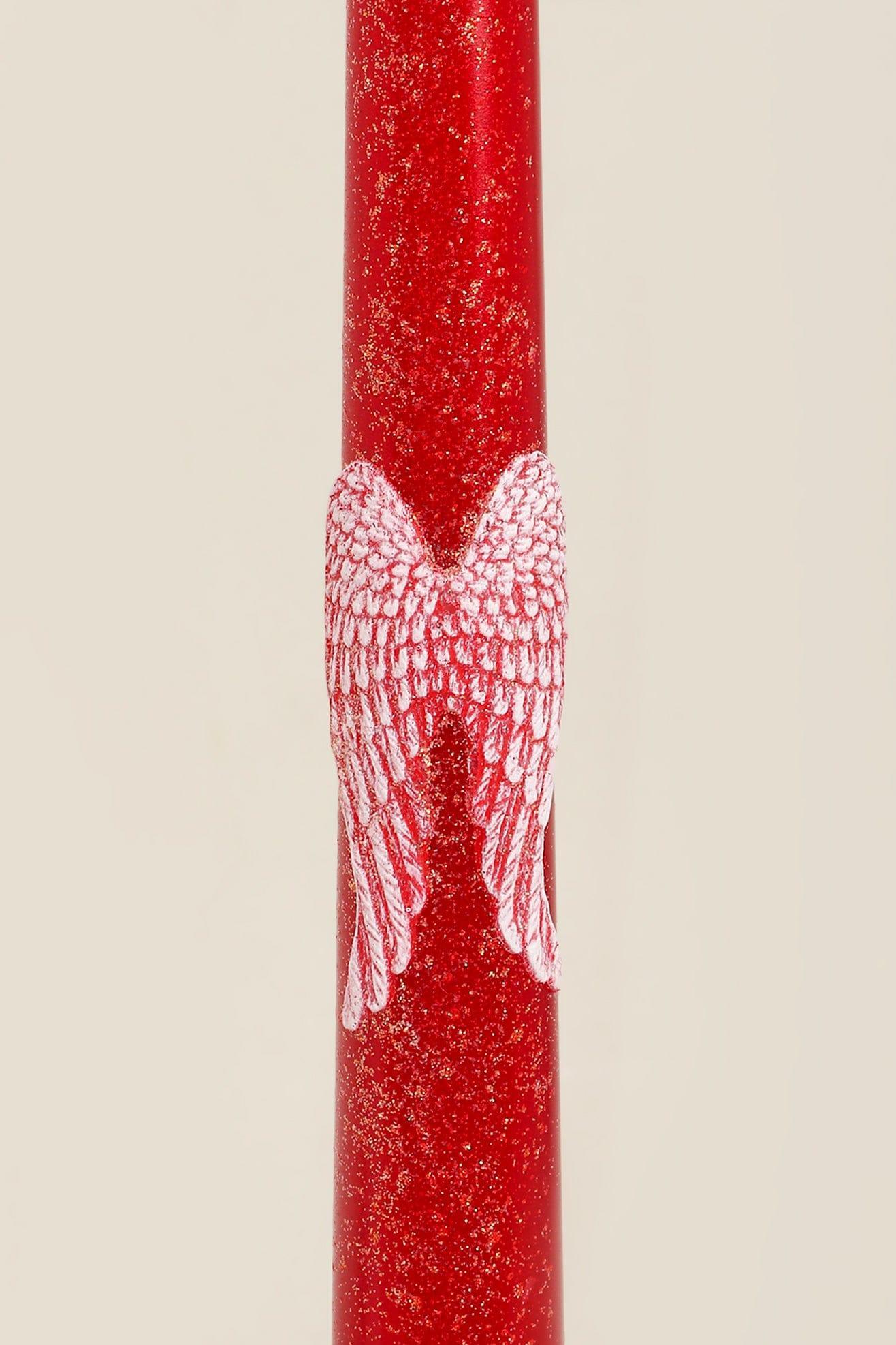 Featheré Wings Set of 2 Hand-Finished Red Wax Dinner &amp; Taper Candles with Sculpted Angel Wing Detail - G Decor