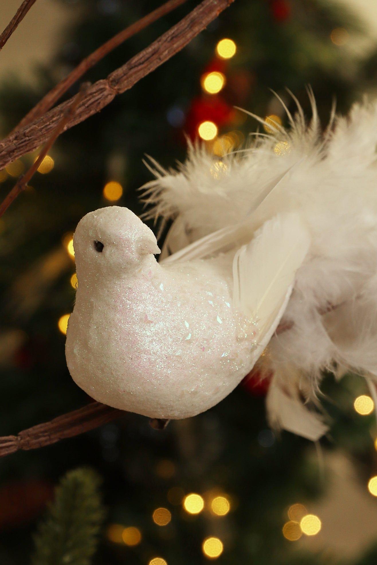 G Decor Christmas Decorations White Festive Glittery Feathery White Bird - Life Size Christmas Tree Clip-On