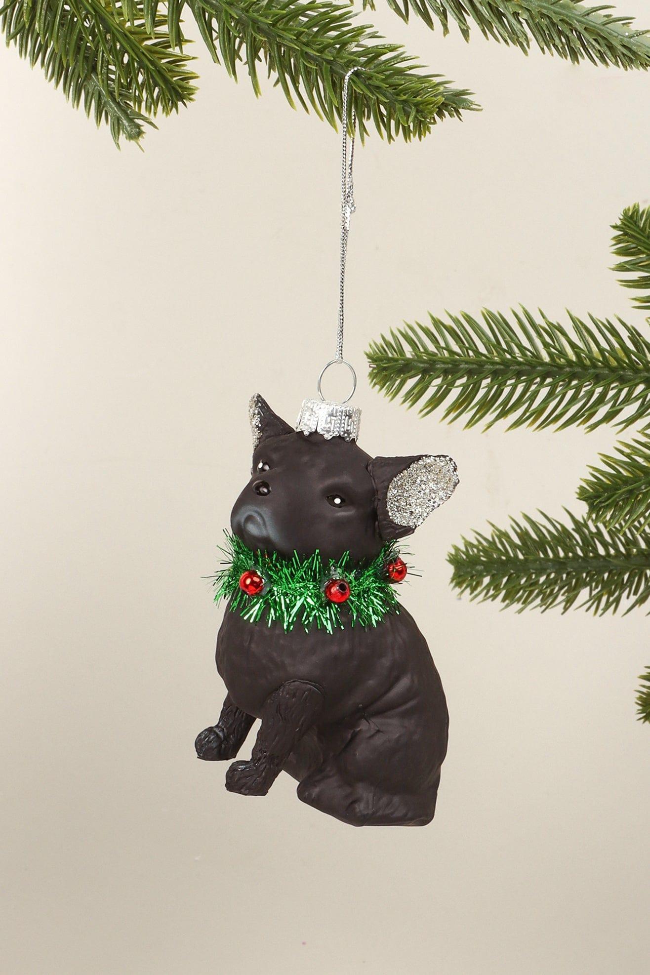 Festive Pup Black Dog Glass Hand-Finished Christmas Ornament Glitter Ears & Jingle Bell Collar Hanging Decoration - G Decor