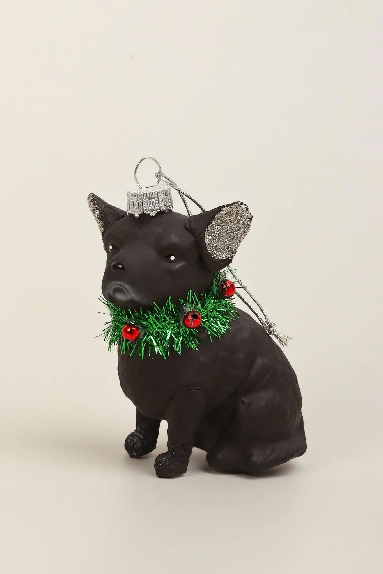 Festive Black Dog Glass Christmas Ornament with Glitter Ears and Jingle Bell — close-up view, G Decor