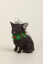 Festive Black Dog Glass Christmas Ornament with Glitter Ears and Jingle Bell — close-up view, G Decor