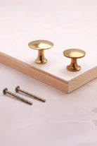 Flat cabinet knob in aged brass, 32mm and 38mm, with solid brass fixing bolts