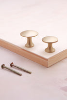 Flat cabinet knob in satin brass, 32mm and 38mm, with solid brass fixing bolts