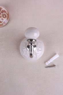 Floral Ceramic Wall Hook with Chrome Hook, Embossed Coat Hook in Cream, Yellow, Green or Pink