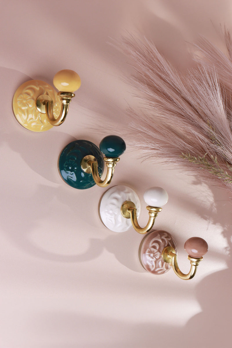 Floral Ceramic Wall Hook with Brass Hook, Embossed Coat Hook in Cream, Yellow, Green or Pink
