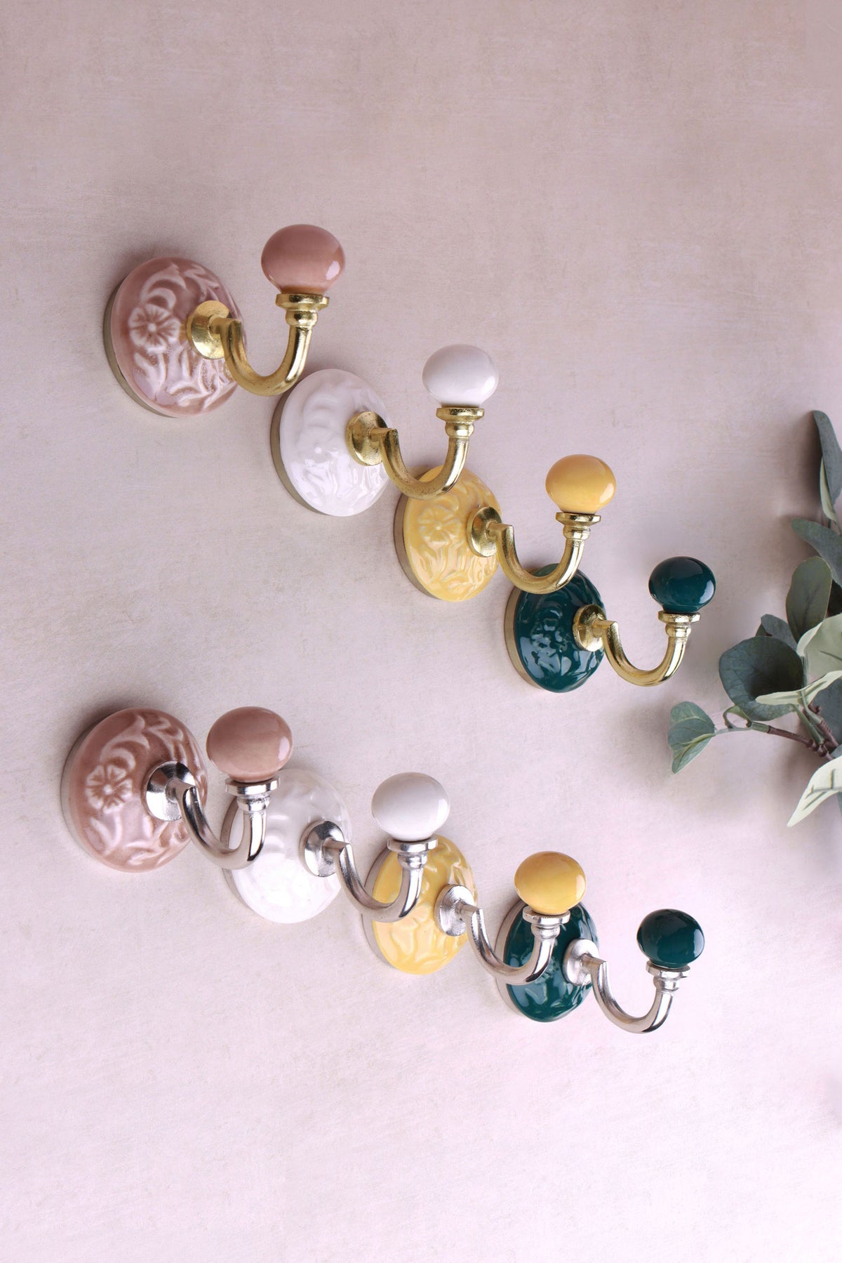Floral ceramic wall hooks with brass and chrome hooks, second view