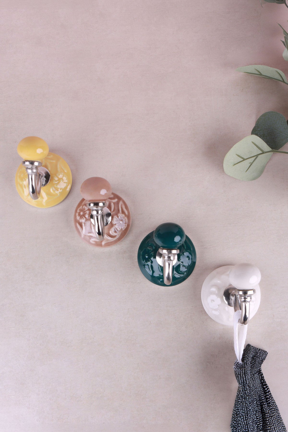 Floral ceramic wall hooks with chrome hooks, second view