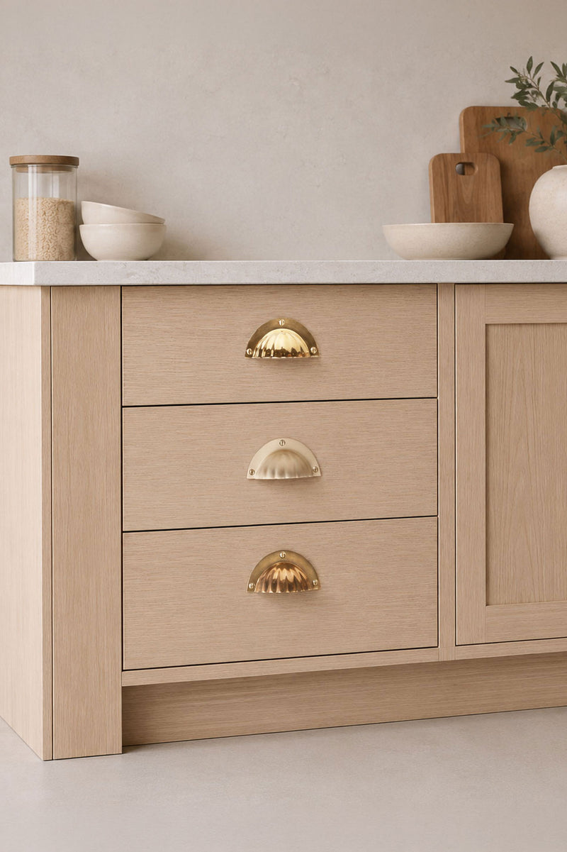 Fluted Brass Cup Pull, 4 Inch Solid Brass Drawer Pull in Polished, Aged or Satin Brass, Kitchen Cupboard Cup Handle