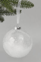 Frosted Effect Glass Christmas Bauble with Real Feathers Insert Large Snowy Tree Ornament Decoration - G Decor
