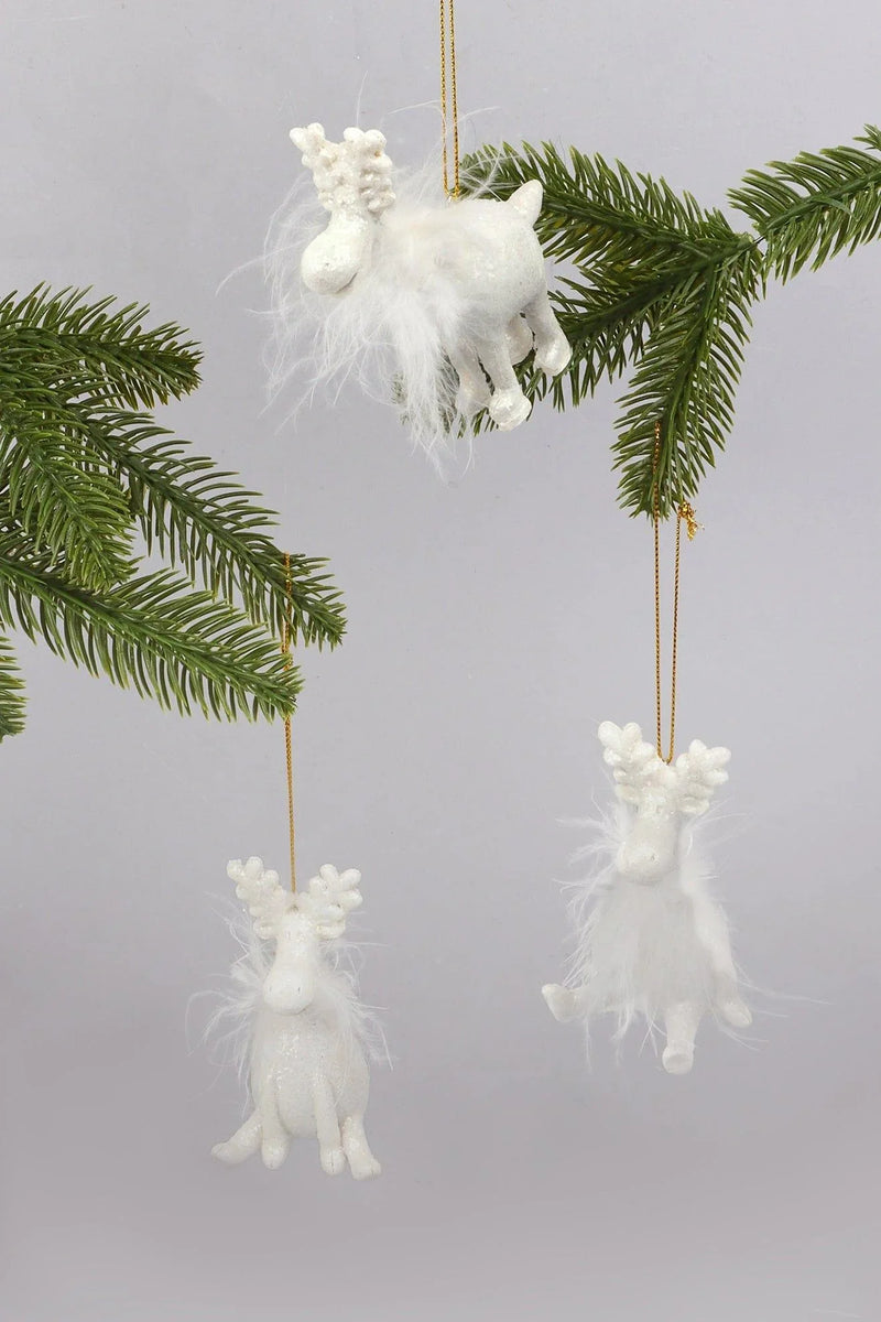 Frosted White Reindeer Christmas Tree Hanging Ornament