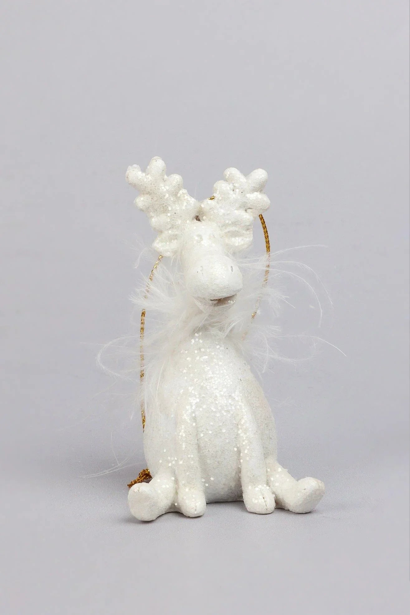 Frosted White Reindeer Christmas Tree Hanging Ornament — lifestyle view, G Decor