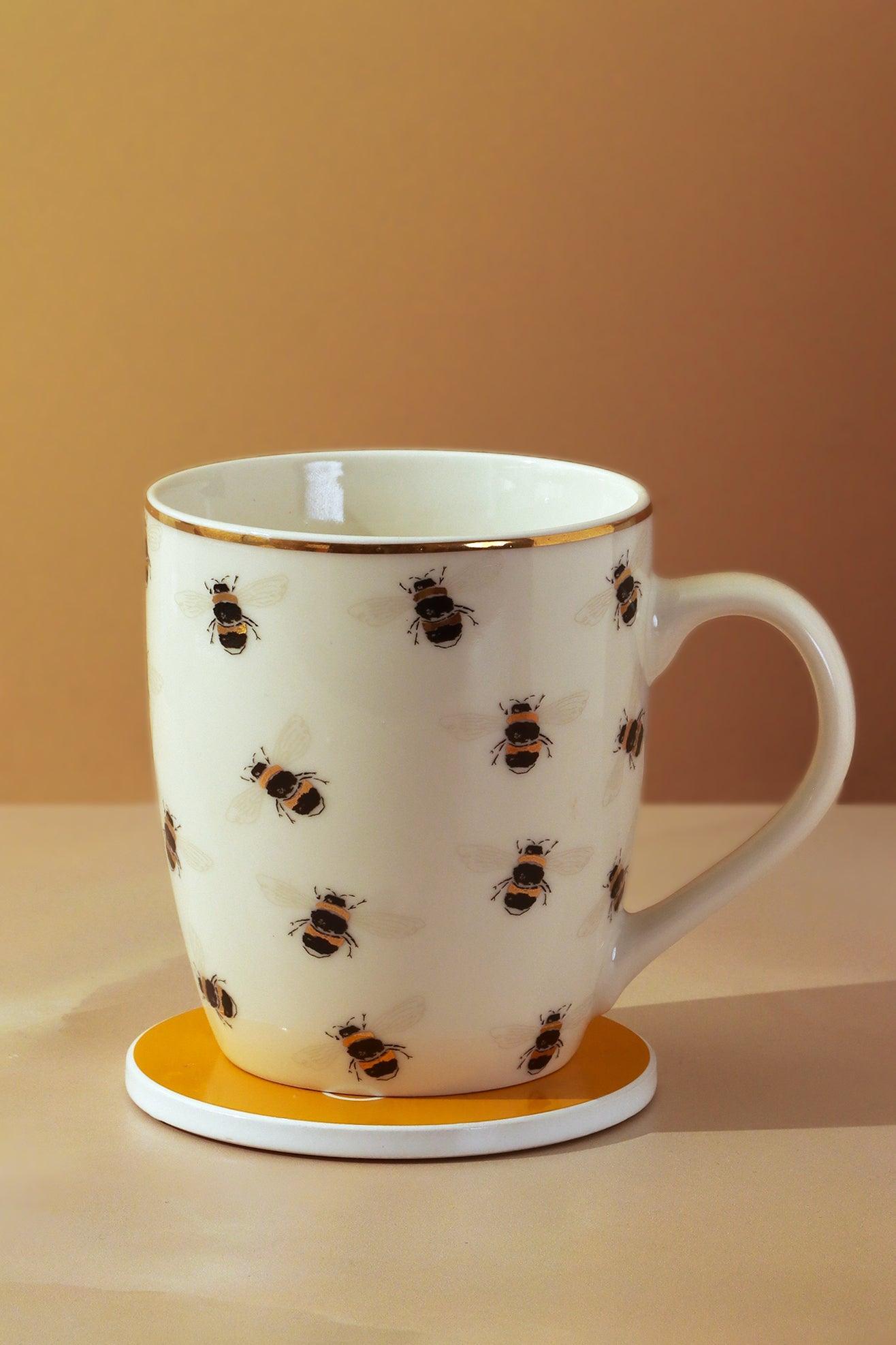 Gift Set Bee Happy Gold Ceramic Tea Coffee Mug With Matching Coaster - G Decor