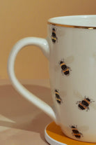 Gift Set Bee Happy Gold Ceramic Tea Coffee Mug With Matching Coaster - G Decor