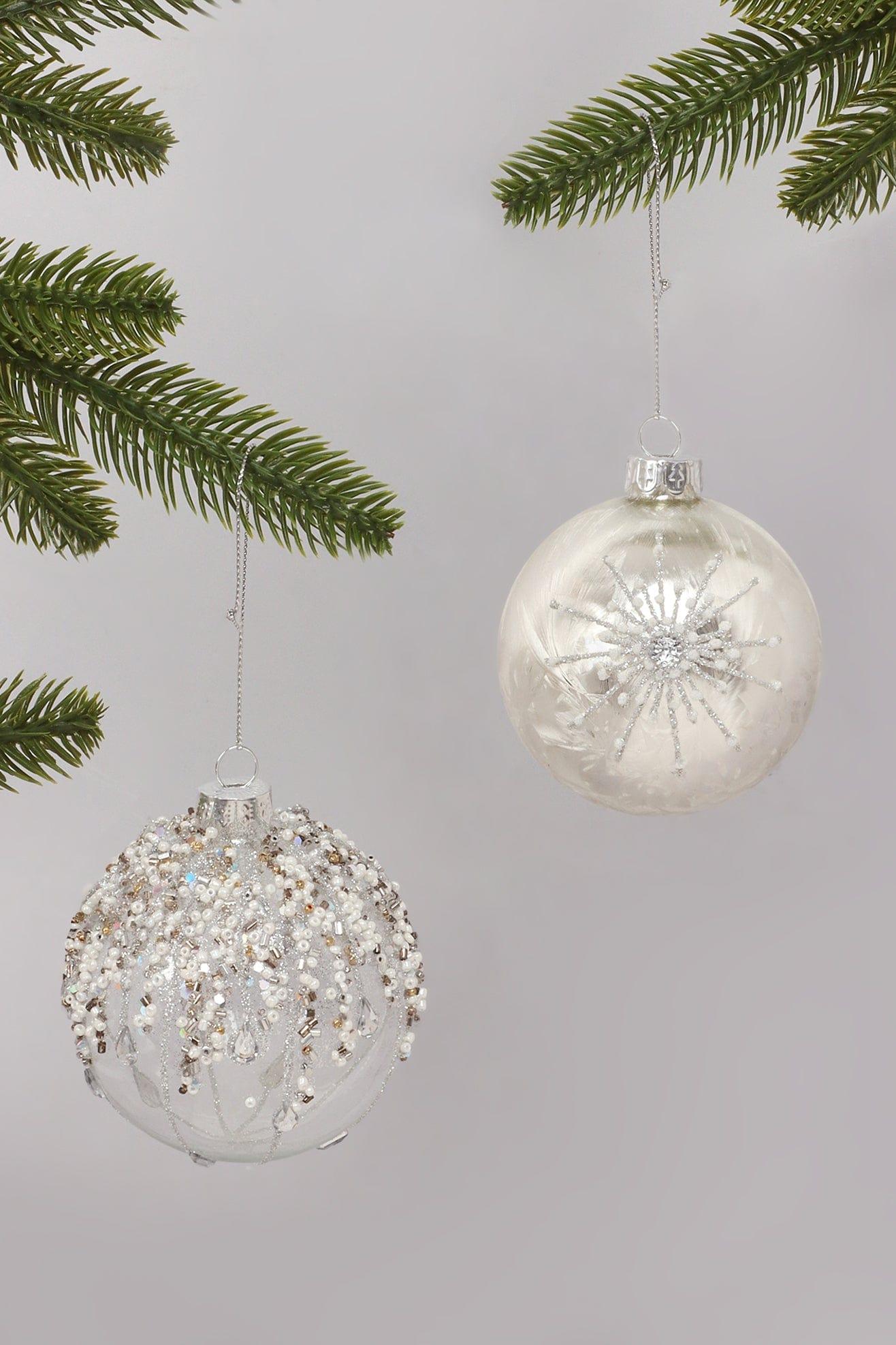 G Decor Christmas Decorations Glass Bauble with Beads and Silver Frosted Glass Bauble with Snowflake Design