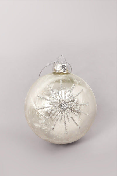 G Decor Christmas Decorations Silver Glass Bauble with Beads and Silver Frosted Glass Bauble with Snowflake Design