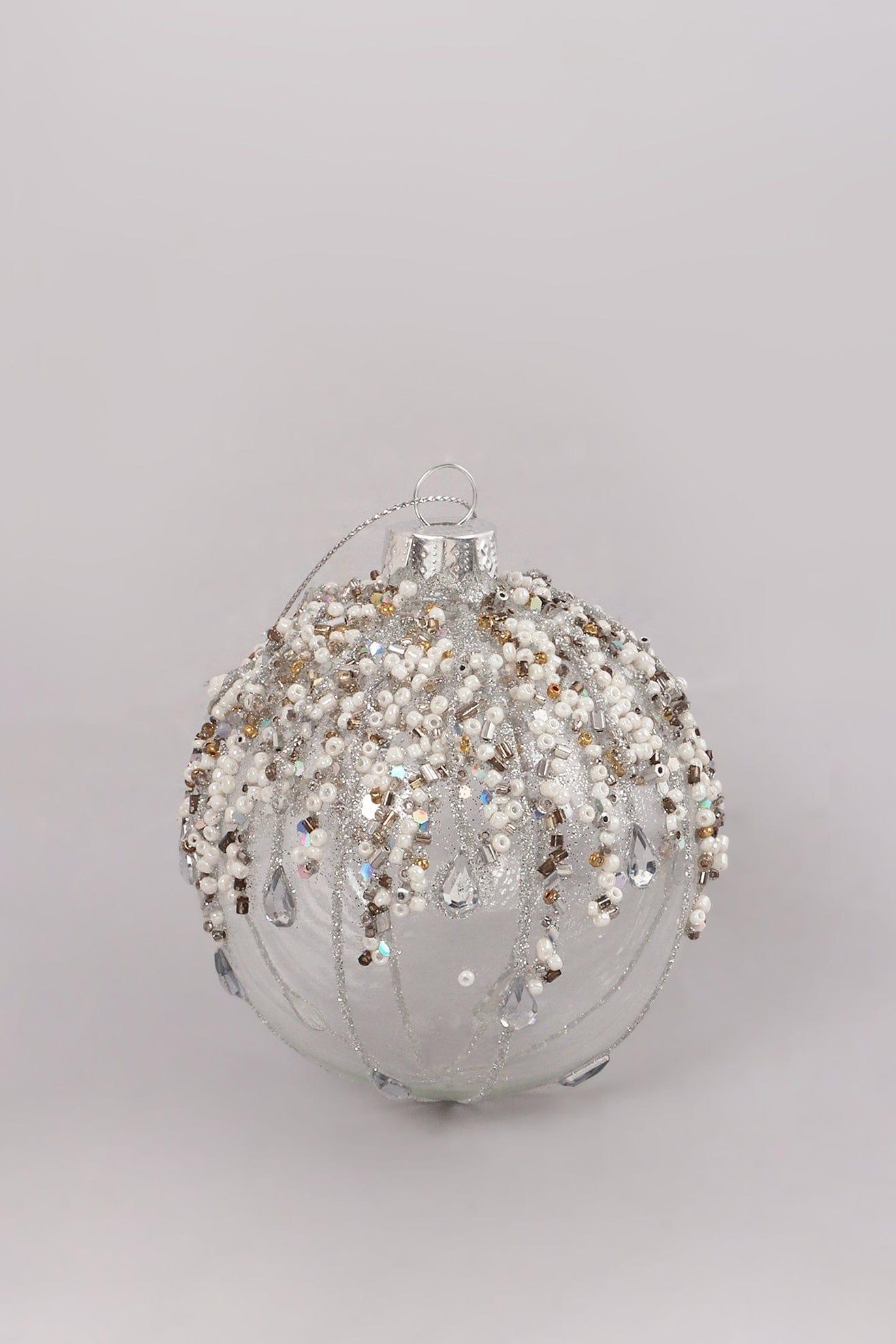 G Decor Christmas Decorations White Glass Bauble with Beads and Silver Frosted Glass Bauble with Snowflake Design