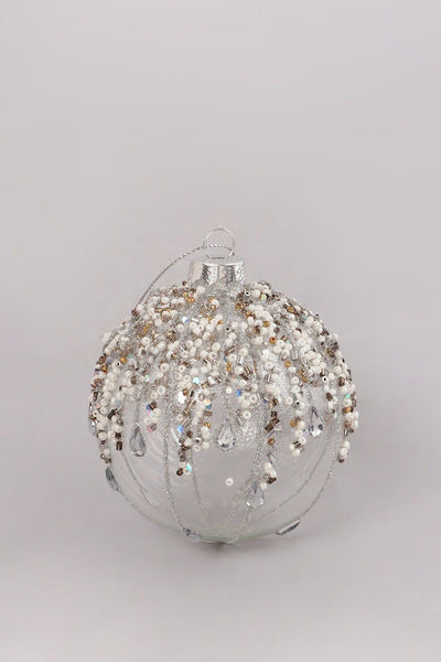 G Decor Christmas Decorations White Glass Bauble with Beads and Silver Frosted Glass Bauble with Snowflake Design