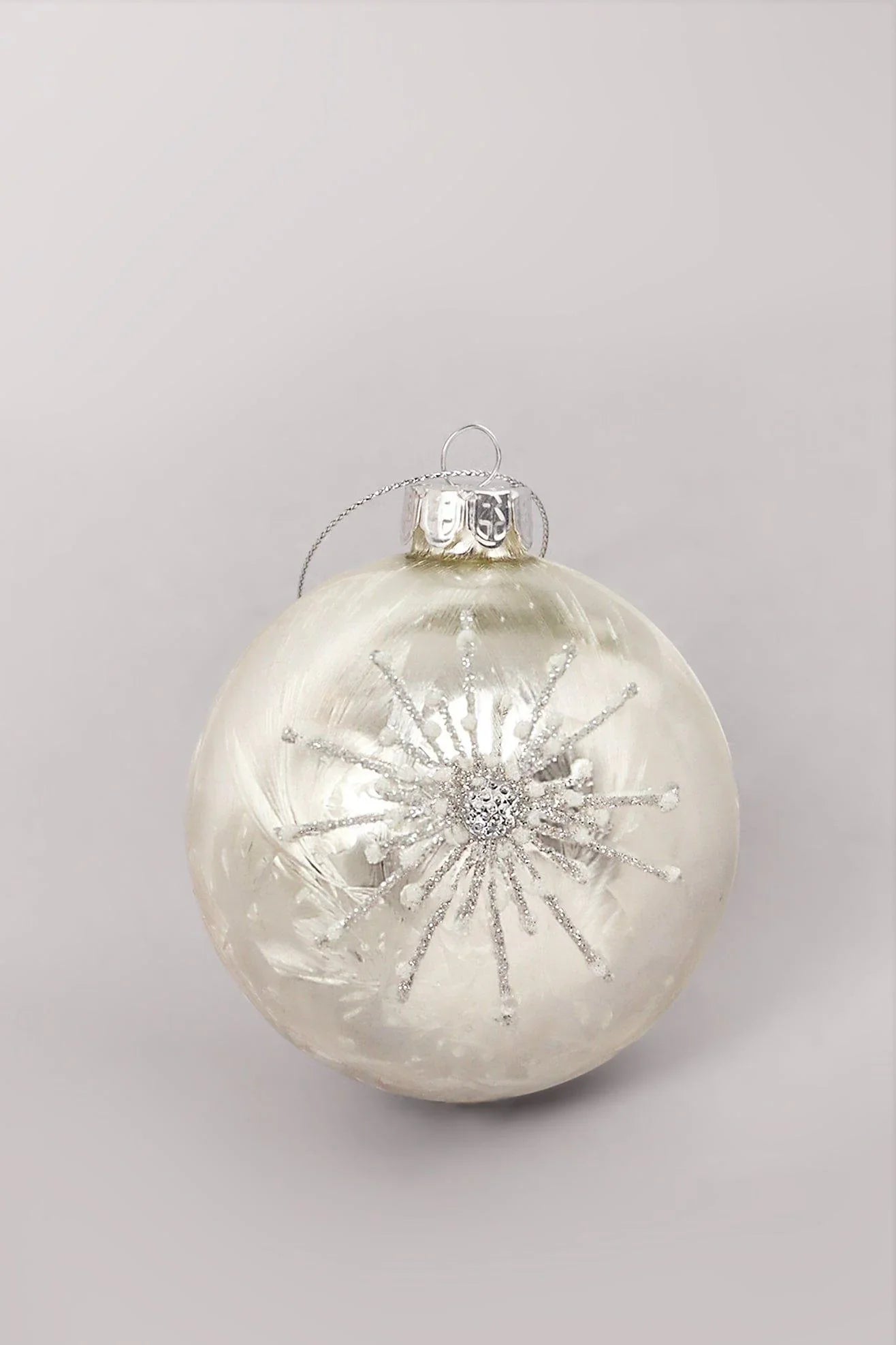 Silver Frosted Glass Christmas Bauble with Beads and Snowflake Design — close-up view, G Decor