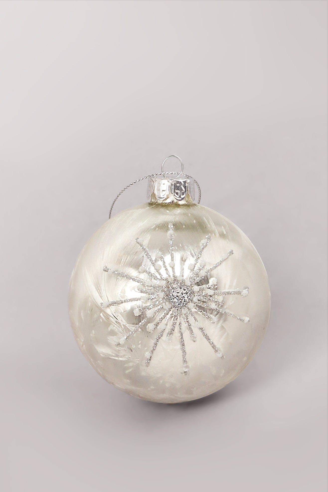Glass Bauble with Beads and Silver Frosted Glass Bauble with Snowflake Design - G Decor