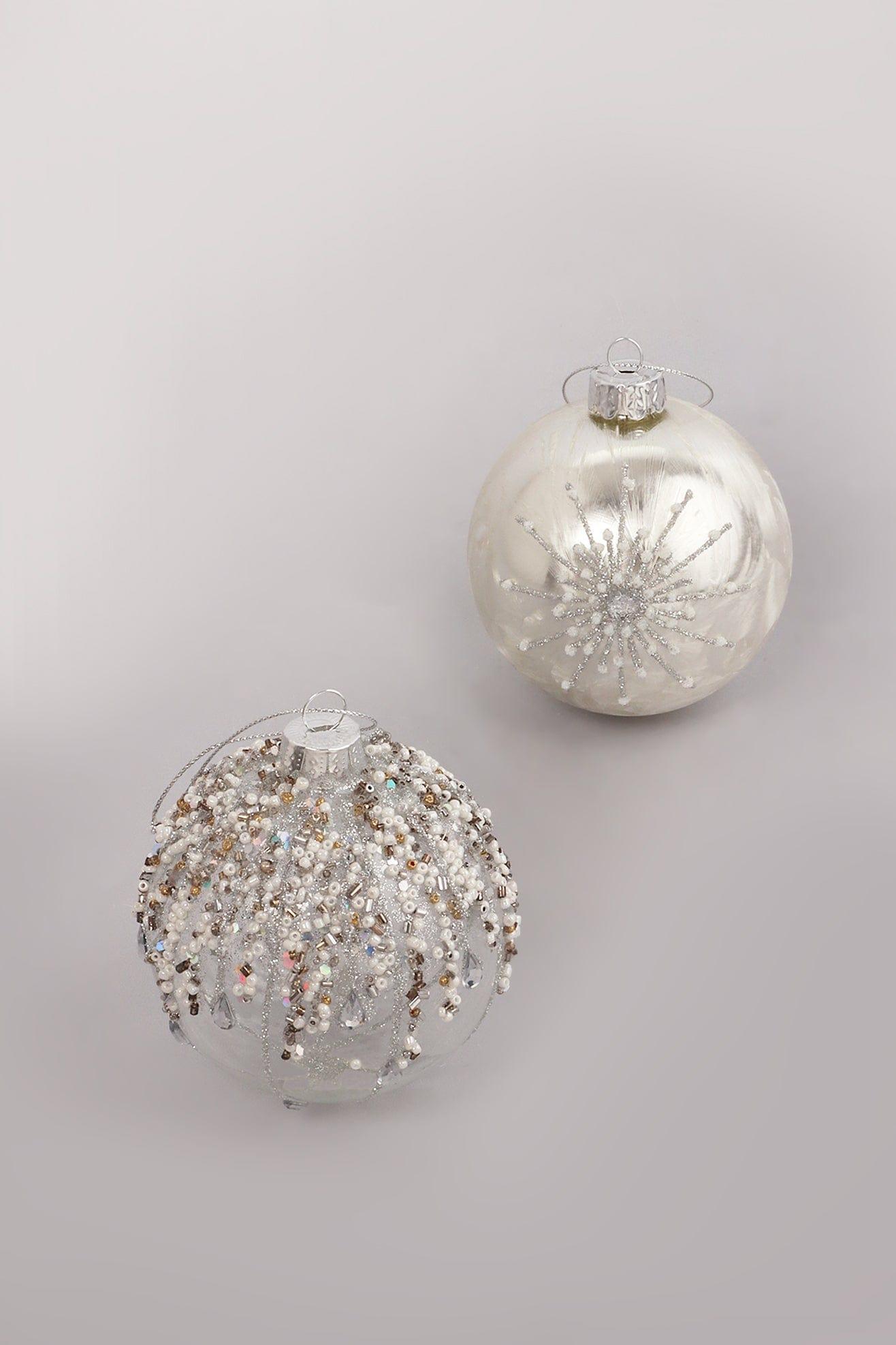 Glass Bauble with Beads and Silver Frosted Glass Bauble with Snowflake Design - G Decor