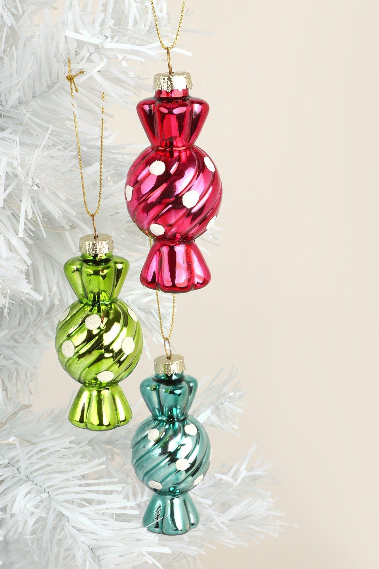 Glass Candy Ornaments Set of 3 Hand-Painted Sugar Twist Sweets Christmas Tree Baubles - G Decor
