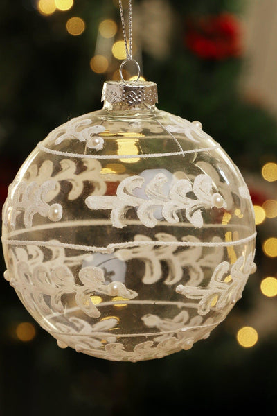 G Decor Christmas Decorations White Glass Christmas Tree Bauble with White and Silver Glitter Patterning