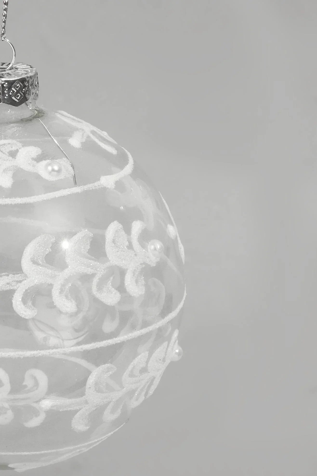 White Frost Sonata Hand-Painted Glass Christmas Bauble with Lacework — lifestyle view, G Decor