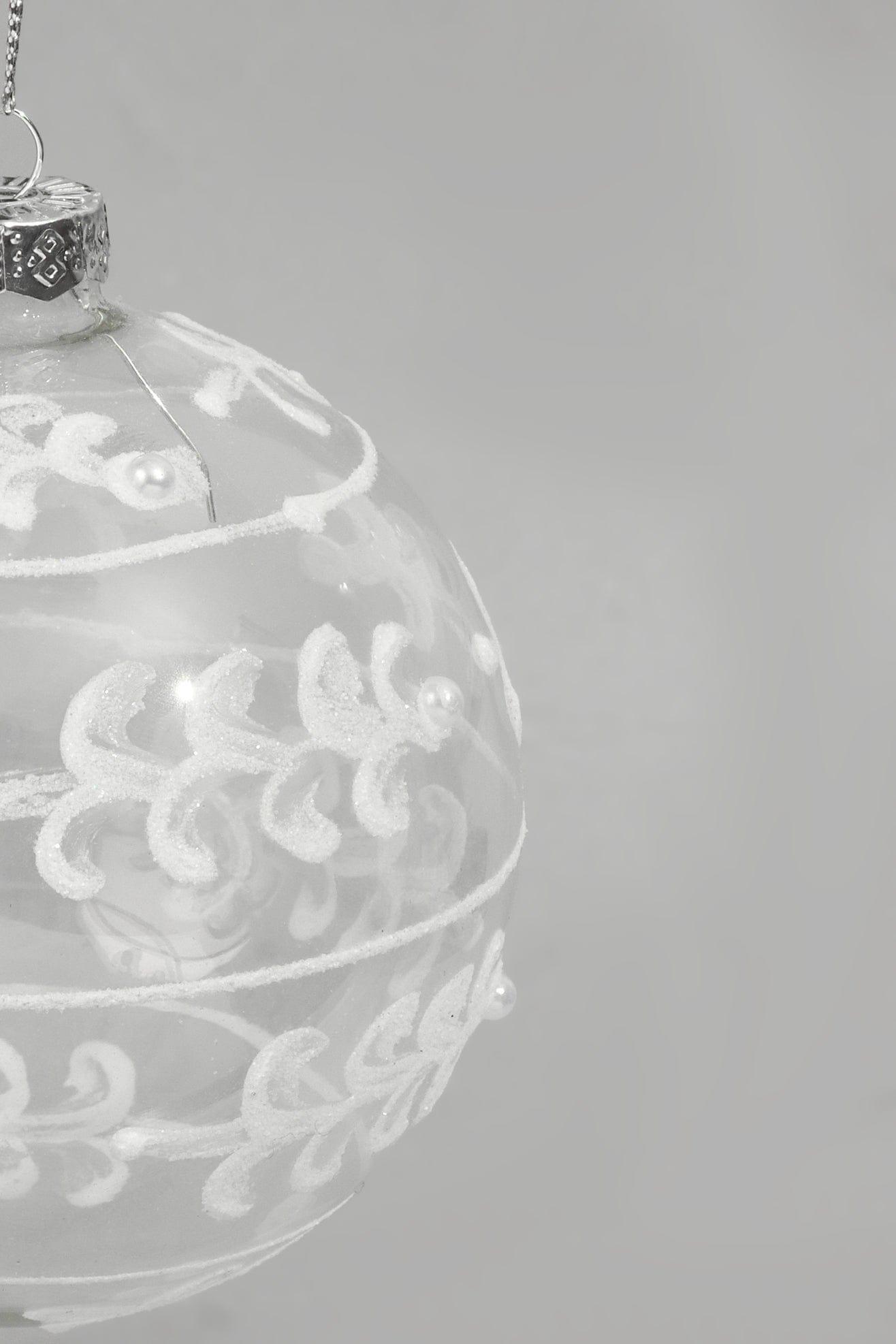 Glass Christmas Tree Bauble with White and Silver Glitter Patterning - G Decor