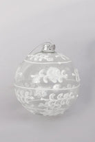 White Frost Sonata Hand-Painted Glass Christmas Bauble with Lacework — close-up view, G Decor